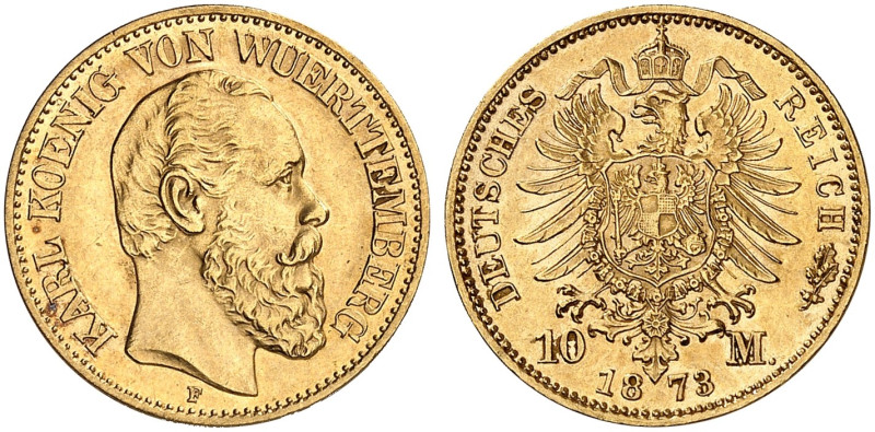 WÜRTTEMBERG. Karl, 1864-1891. J. 289, EPA 10/52 
10 Mark 1873.
vz / vz - St