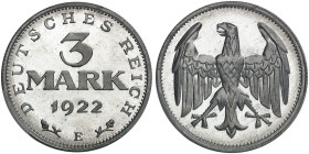ERSATZ - UND INFLATIONSMÜNZEN 1919 - 1923. J. 302, EPA 3/39 
3 Mark 1922 E.
RR ! PCGS PR 64 CAM PP