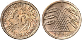 KURS - UND GEDENKMÜNZEN. J. 310, EPA 49 
50 Rentenpfennig 1923 D.
f. St