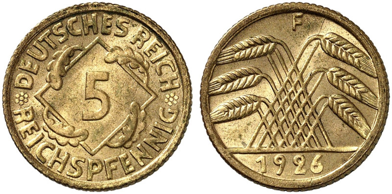 KURS - UND GEDENKMÜNZEN. J. 316, EPA 22 
5 Reichspfennig 1926 F.
R ! f. St