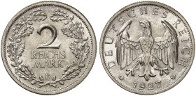 KURS - UND GEDENKMÜNZEN. J. 320, EPA 2/75 
2 RM 1927 D.
in dieser Erhaltung äußerst selten !
winz. Kr., f. St