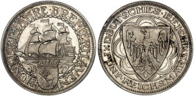 KURS - UND GEDENKMÜNZEN. J. 326, EPA 5/62 
5 RM 1927 A, Bremerhaven.
PCGS PR 63, schöne Patina, kl. Kr., PP
