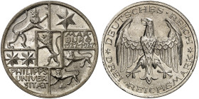 KURS - UND GEDENKMÜNZEN. J. 330, EPA 3/47 
3 RM 1927 A, Universität Marburg.
winz. Kr., f. St