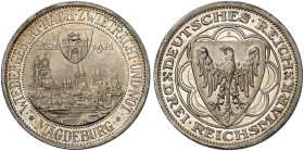 KURS - UND GEDENKMÜNZEN. J. 347, EPA 3/58 
3 RM 1931 A, Magdeburg.
schöne Patina, PP