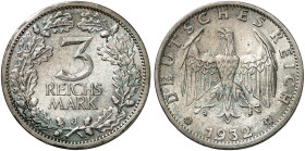 KURS - UND GEDENKMÜNZEN. J. 349, EPA 3/60 
3 RM 1932 J, Kursmünze.
kl. Kr., vz - St