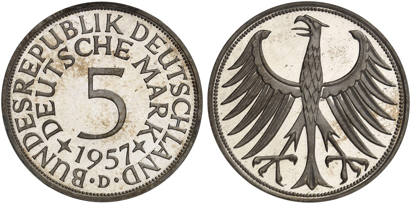 5 DM - Kursmünze. J. 387, N. 360 
5 DM 1957 D, EPA 8.
in PP nur 100 Exemplare ...