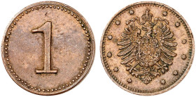 KAISERREICH. KLEINMÜNZEN. zu J. 1, Schaaf 1 / G 2, Slg. Beckenb. - 
1 (Pfennig) o. J., o. Mzz., glatter Rand.
Kupfer
18 mm Ø, 1,04 mm dick, 1,78 g ...