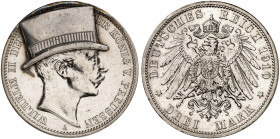 PREUSSEN. Wilhelm II., 1888-1918. zu J. 103, EPA 3/18 
3 Mark 1910, mit aufgelötetem Hut.
ss