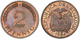 BUNDESREPUBLIK / ECUADOR. zu J. 381 / KM 76c 
2 Pfennig 1950-1969, G, Mzst. Karls­ruhe, glatter Rand, Kupfer. Kehrprägung mit Rückseite von Ecuador, ...