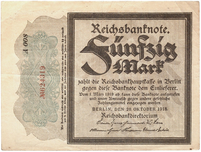 DEUTSCHLAND. KAISERREICH. 
50 Mark 20. 10. 1918, "Trauerschein ".
Ros. 56c, Gr...