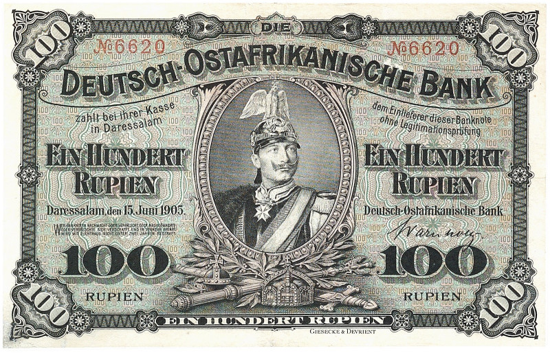 DEUTSCHLAND. DEUTSCHE KOLONIEN. DEUTSCHOSTAFRIKA. 
100 Rupien 15. 06. 1905.
Ro...