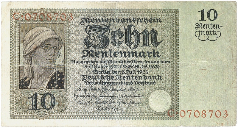 DEUTSCHLAND. WEIMARER REPUBLIK. 
10 Rentenmark 3. 7. 1925, Serie C.
Ros. 163, ...