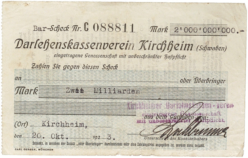 NOTGELD. BAYERN. Kirchheim, Darlehenskassenverein. 
2 Milliarden 20. 10. 1923....