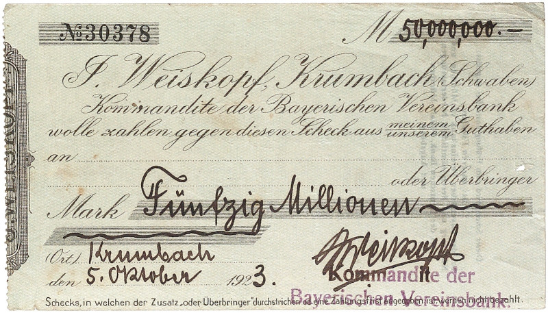 NOTGELD. BAYERN. Krumbach, J. Weiskopf. 
50 Millionen 5. 10. 1923.
Keller - , ...