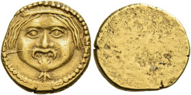 Etruria, Populonia. 
50 asses circa 300-250, AV 2.83 g. Gorgoneion, hair bound with diadedm; below, (arrow down). Rev. Blank. Jameson 1827 (this coin...