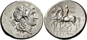 Samnium, Suessa. 
Didrachm circa 265-240, AR 7.21 g. Laureate head of Apollo r.; behind, lyre. Rev. SVESANO Dioscorus on horse l., holding palm-branc...