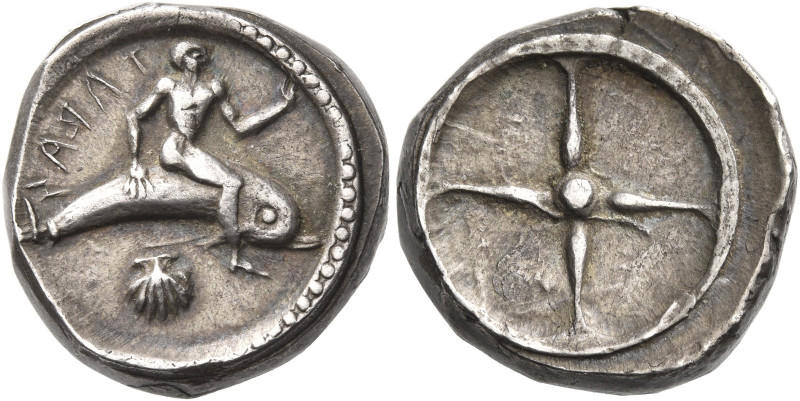 Calabria, Tarentum. 
Nomos circa 510-450, AR 8.12 g. TARAS retrograde Dolphin r...