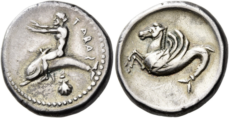 Calabria, Tarentum. 
Nomos circa 500-480, AR 8.01 g. TARAS partially retrograde...