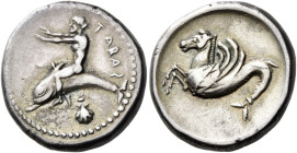 Calabria, Tarentum. 
Nomos circa 500-480, AR 8.01 g. TARAS partially retrograde Dolphin rider l. below pecten. Rev. Hippocamp l. Vlasto 133 (these di...