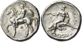 Calabria, Tarentum. 
Nomos circa 380-340, AR 7.76 g. Helmeted horseman l., holding shield and spear; below, Δ. Rev. TAPA – Σ Dolphin rider l., holdin...