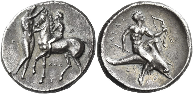Calabria, Tarentum. 
Nomos circa 335-333, AR 7.85 g. Nude youth on horseback l....