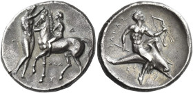 Calabria, Tarentum. 
Nomos circa 335-333, AR 7.85 g. Nude youth on horseback l.; in l. field, nude youth standing r., removing bridle with both hands...