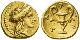 Calabria, Tarentum. 
Obol circa 334-332, AV 0.73 g. Diademed head of Hera r.; behind, |- and in r. field, [M] - Φ. Rev. T – A – P – A – N Cantharus. ...