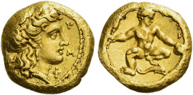 Calabria, Tarentum.
Diobol circa 320, AV 1.45 g. Head of Persephone r., wearing a stephanos ornamented with a palmette, and single-pendant earring; [...