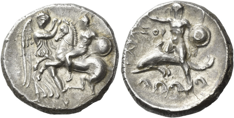 Calabria, Tarentum. 
Nomos circa 281-270, AR 7.78 g. Nike restraining horse pra...