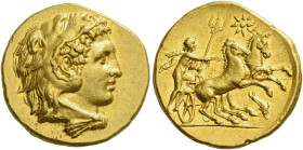 Calabria, Tarentum. 
Stater circa 276-272, AV 8.57 g. Head of young Heracles r., wearing lion's skin. Rev. Taras in prancing biga r., wearing chlamys...