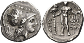 Lucania, Heraclea.
Stater circa 281-278, AR 6.91 g. |-HPAKΛHIΩ – N Head of Athena r., wearing Corinthian helmet decorated with Scylla; in l. field, E...