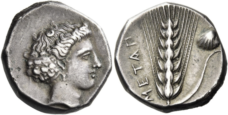 Metapontum. 
Nomos circa 400-340, AR 8.06 g. Head of Demeter r. Rev. META Barle...