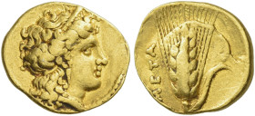 Metapontum. 
Sixth stater or diobol circa 334-322, AV 1.31 g. Head of Hera r., wearing stephanos ornamented with palmette, and single-pendant earring...
