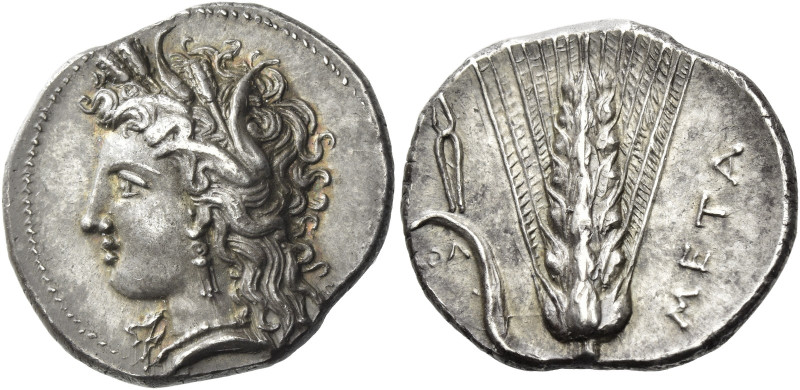 Metapontum. 
Nomos circa 330-290, AR 7.89 g. Head of Demeter l. Rev. META Ear o...