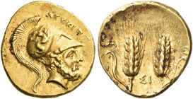 Metapontum. 
Tetrobol circa 290-280, AV 2.85 g. Head of Leucippus r., wearing Corinthian helmet decorated with Scylla hurling stone; around, ΛEYKIΠΠ[...
