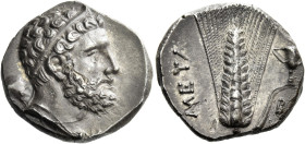 Metapontum. 
Nomos circa 290-280, AR 7.75 g. Diademed head of Heracles r., wearing lion-skin and holding club. Rev. META Barley ear; in r. field, two...