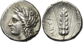 Metapontum. 
Nomos circa 290-280, AR 7.86 g. Wreathed head of Demeter l. Rev. META Barley ear; in r. fild, spindle. Johnston D1.1. SNG ANS 506 (these...