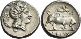 Thurium. 
Nomos circa 350-330, AR 7.93 g. Head of Athena r., wearing helmet decorated with Scylla hurling stone. Rev. ΘΟΥΡΙΩN Bull butting r.; above ...