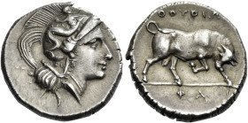 Thurium. 
Nomos after 280, AR 6.51 g. Head of Athena r., wearing crested Attic helmet decorated with Scylla hurling stone; on neckguard, EY. Rev. ΘΟΥ...