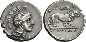 Velia. 
Didrachm circa 300-280, AR 7.47 g. Head of Athena r., wearing Attic helmet decorated with wing on wreath; in l. field, monogram. Rev. YEΛHTΩN...