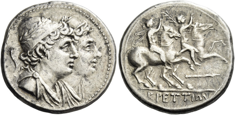 Bruttium, Brettii. 
Reduced didrachm circa 215-205, AR 5.77 g. Jugate busts of ...