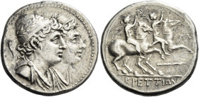 Bruttium, Brettii. 
Reduced didrachm circa 215-205, AR 5.77 g. Jugate busts of Dioscuri r., wearing star-crowned laureate pilei; in l. field, cornuco...