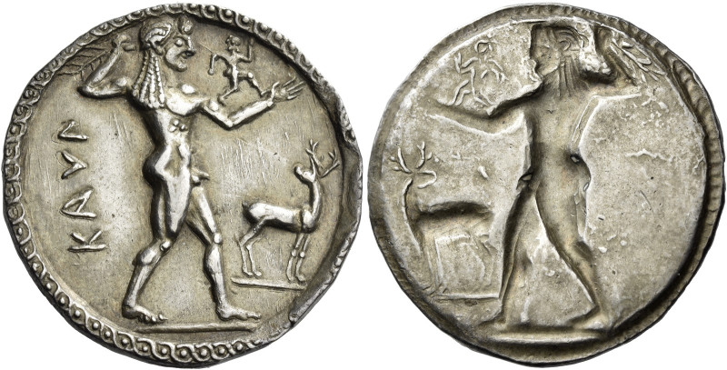 Caulonia. 
Nomos circa 525-500, AR 7.95 g. ΚΑVΛ Apollo, diademed, walking r., h...