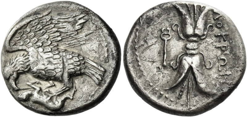 Locri Epizephyrii. 
Nomos circa 300-280, AR 7.38 g. Eagle l., with spread wings...