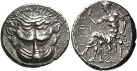 Rhegium. 
Tetradrachm circa 425-420, AR 17.16 g. Lion's head facing; in r. field, olive twig. Rev. PHCI – ИO – Σ retrograde Apollo Iocastus seated l....