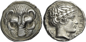 Rhegium. 
Tetradrachm circa 415-400, AR 17.13 g. Lion's head facing. Rev. PΗΓΙΝΟΝ Laureate head of Apollo r.; behind, two olive leaves. SNG Fitzwilli...