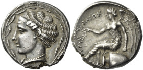 Terina.
Nomos circa 440-425, AR 7.68 g. Head of nymph Terina l., all within olive wreath Rev. TEPI – NAION Nike seated l. on hydria, holding wreath i...