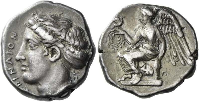Terina. 
Nomos circa 420-400, AR 7.76 g. [TE]PINAION Head of the nymph Terina l...