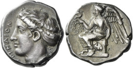 Terina. 
Nomos circa 420-400, AR 7.76 g. [TE]PINAION Head of the nymph Terina l., hair bound with sphendone; behind neck, Π. Rev. Nike seated l. on c...