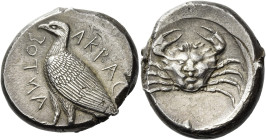 Sicily, Agrigentum. 
Tetradrachm circa 470-440, AR 17.53 g. AKRAC – ΑΝΤΟΣ Eagle standing l., with closed wings. Rev. Crab, carapace resembling human ...